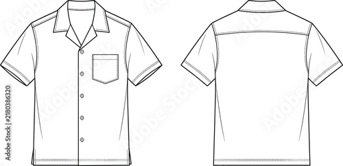 Professional technical flat sketch of short sleeve button up shirt front and back view with collar pocket and stitching details