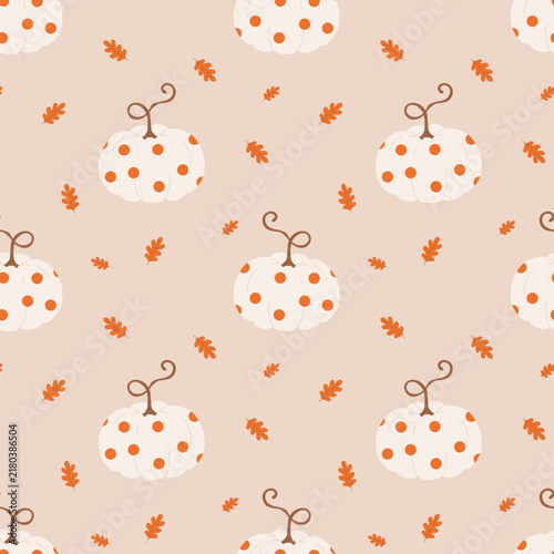 Seamless pattern with polka dot pumpkins and autumn leaves on beige background. Pastel fall backdrop ideal for Thanksgiving decor, seasonal textiles, and gift wrapping paper.