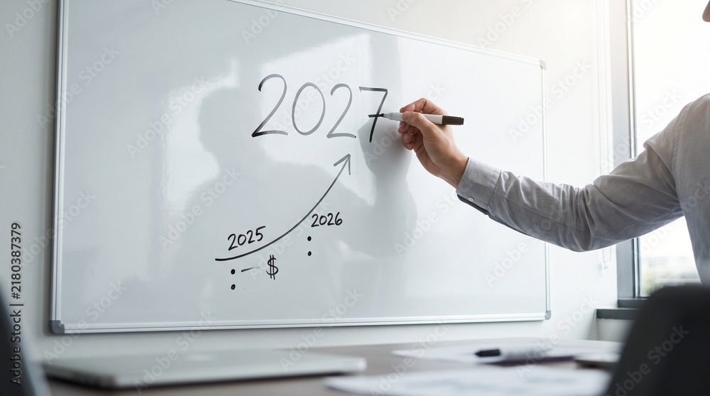 Obraz premium Into 2027 concept showing a professional writing future financial targets and rising growth curve on a glass whiteboard with marker pen business strategy corporate planning office presentation