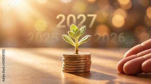 Into 2027 concept featuring a small green plant growing out of stacked coins as a symbol of economic investment financial business corporate management development enterprise