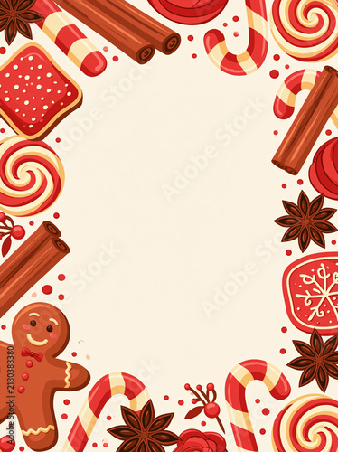 Bordure de douceurs de Noël (pain d'épices, sucre d'orge, cannelle, anis) aux ton pastel rouge et beige sur fond clair, avec zone de texte au centre