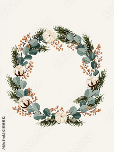 Couronne de Noël scandinave en eucalyptus, branches de sapin et fleurs de coton sur fond blanc cassé, avec zone de texte au centre