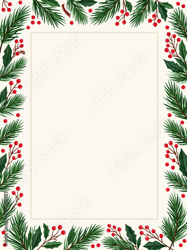 Carte de menu de Noël gastronomique : cadre botanique en branches de sapin et baies rouges sur fond blanc cassé, avec espace texte au centre