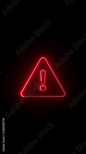 Glowing neon Warning attention icon signal , alert , risk , safety, danger road warning sign animated 4k video on on black background, danger risk alert road warning sign stop error signal sign.
