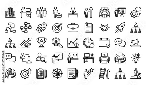 Corporate Business Linear Icons Set, Office Team Leadership and Management
