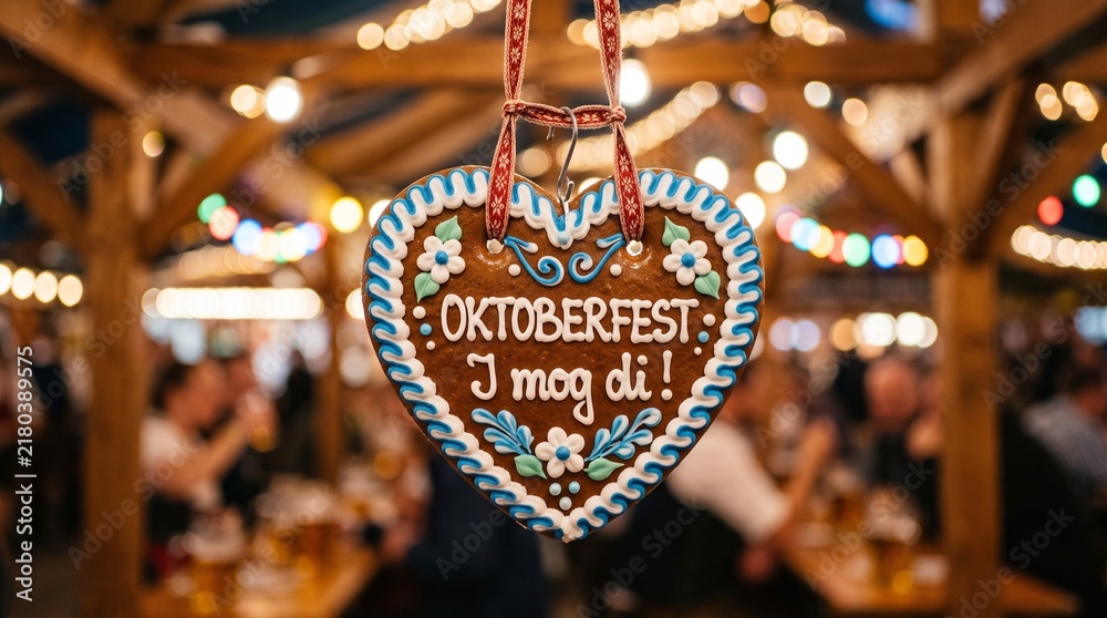 Fototapeta premium Traditional Oktoberfest gingerbread heart cookie Lebkuchenherz hanging against blurred beer tent festival background
