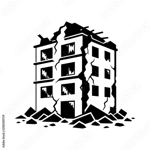 фотографія Black and white silhouette of a destroyed apartment building after a disaster