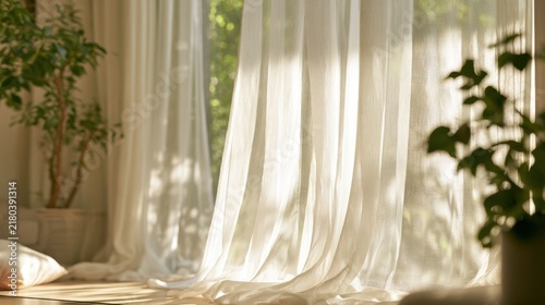 AI smart home elderly care Sheer curtains softly filter sunlight into a cozy room with indoor plants and a blanket on the floor.