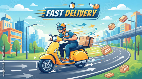 Fast Delivery Courier Riding Scooter with Packages Through Modern Urban City