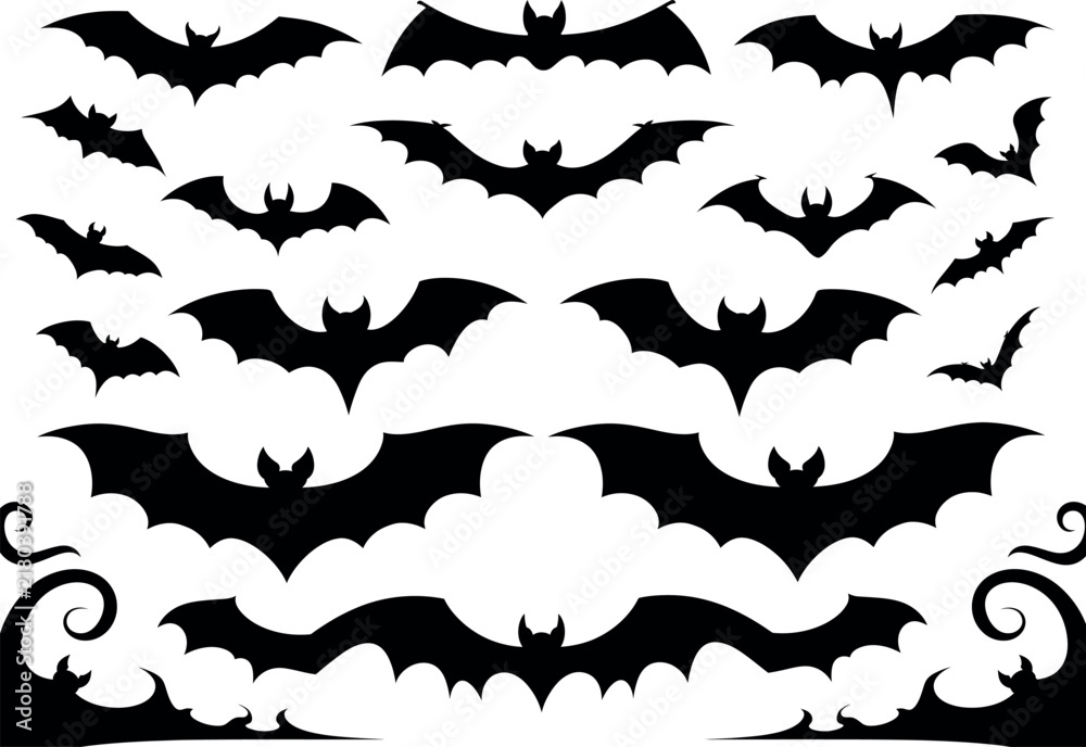 Fototapeta premium Collection of various black bat silhouettes for halloween decoration