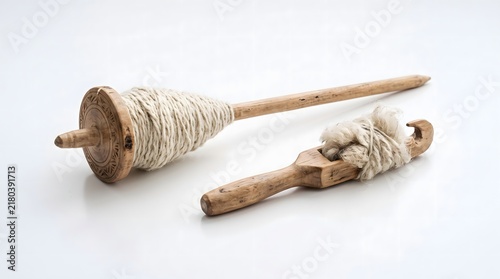 Tapety artystyczne Traditional wooden spindle spinning tool wrapped in natural white wool fiber next to a rustic distaff on clean white studio background for old craft projects