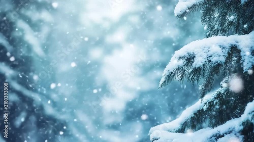 Snowflakes drifting through cold winter forest, covering evergreen pine tree branches