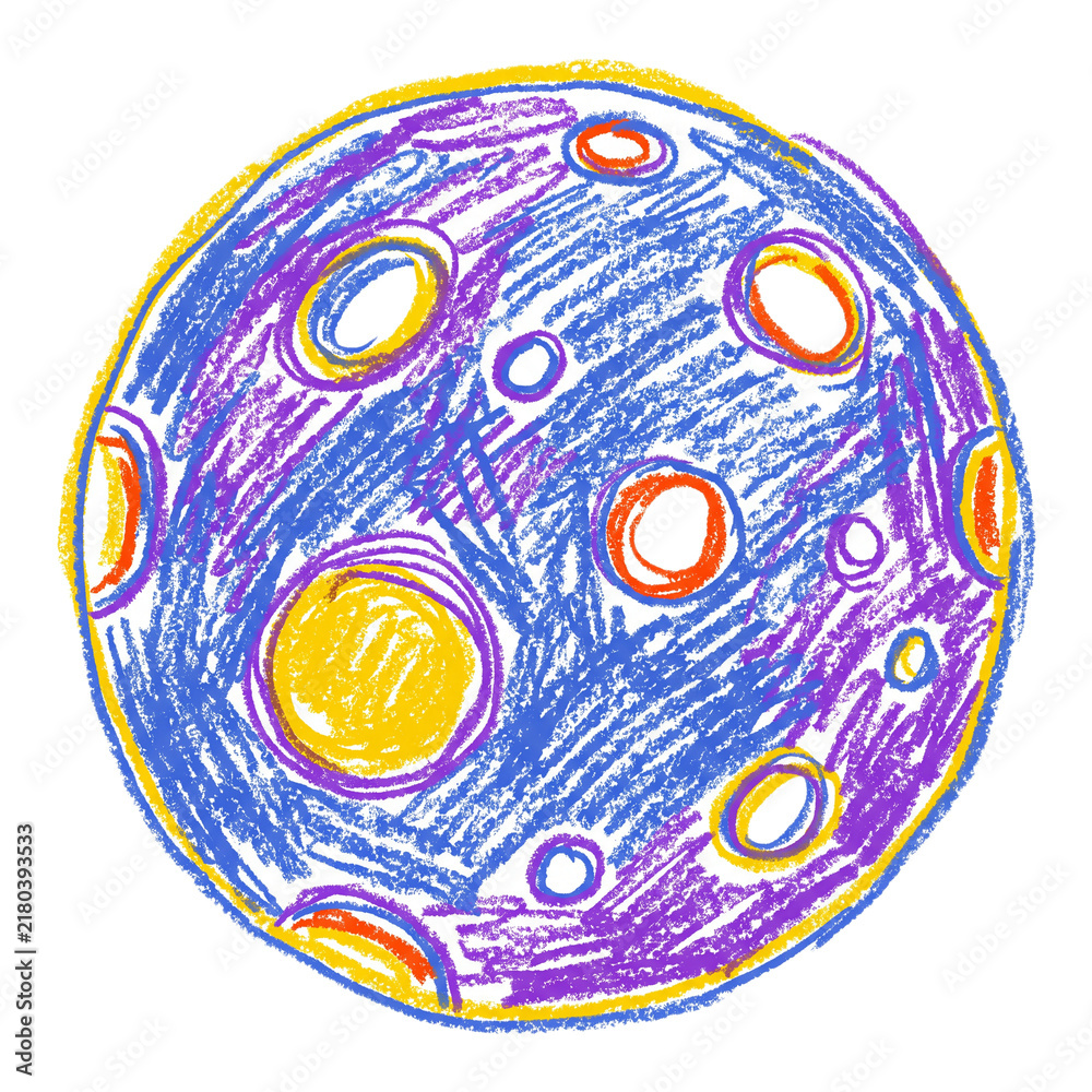 Fototapeta premium Hand Drawn Colorful Wax Crayon Illustration of a Mysterious Planet with Circular Craters on a Simple Isolated White Background