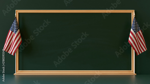 Chalkboard framed by two American flag in classroom setting with space for education message and patriotic learning theme