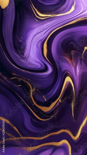 Abstract purple and gold paint swirls creating an elegant marble texture