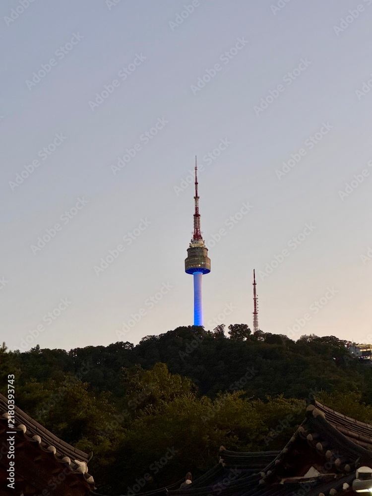 Obraz premium N Seoul Tower viewed above traditional Korean tiled roofs, blending modern landmark and heritage