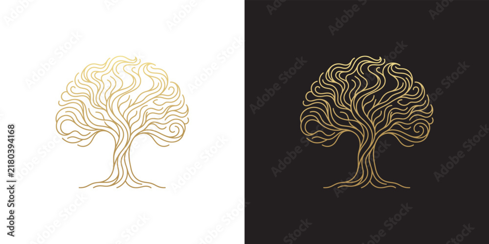 Fototapeta premium Minimalist Golden Tree Illustration with Intricate Linear Pattern for Modern Brand Identity and Luxury Decorative Graphic Design Elements