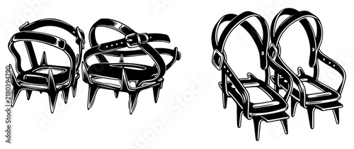 Foto Ice cleats crampons for boots silhouette, mountaineering climbing equipment in w