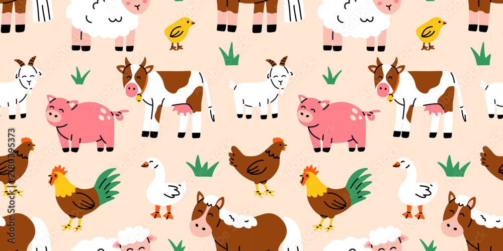 Obraz premium Vector colorful farm animal pattern with horse, cow, sheep, goat, pig, chicken, goose and chick. Print, seamless pattern, background for nursery and textile design.