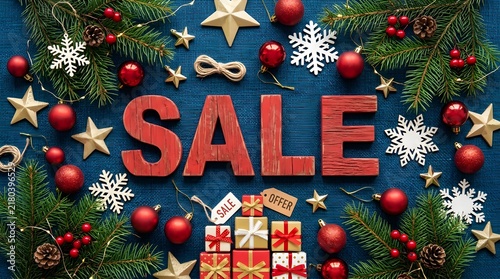 Sale wooden letters surrounded by christmas decorations and wrapped gifts on blue background