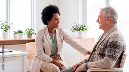 Compassionate doctor comforting a smiling senior patient with a reassuring touch