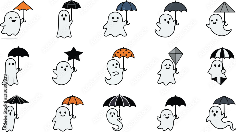 Obraz premium Cute cartoon ghost collection with umbrellas, halloween icons set, spooktacular characters, spooky holiday symbols, kawaii spirits with accessories isolated on White Background Halloween