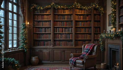 Winter home atmosphere with a wooden bookshelf decorated with garlands and lights in a classic library
