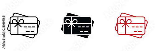 Gift Card Icons: A collection of three gift card icons in line art, solid black, and red outline. festive package, surprise gift, payment method, bonus coupon, shopper reward.