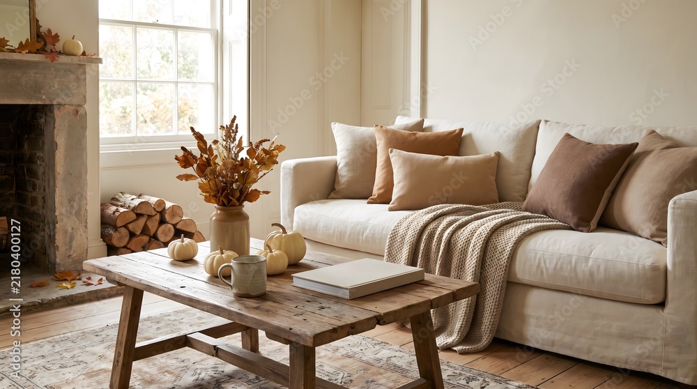 Fototapeta premium Autumn Living Room with Fireplace and Rustic Coffee Table