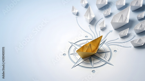 Gold Paper Boat Leading White Paper Boats Across a Compass with Direction Points, Representing Leadership, Strategy, Guidance, and Business Success