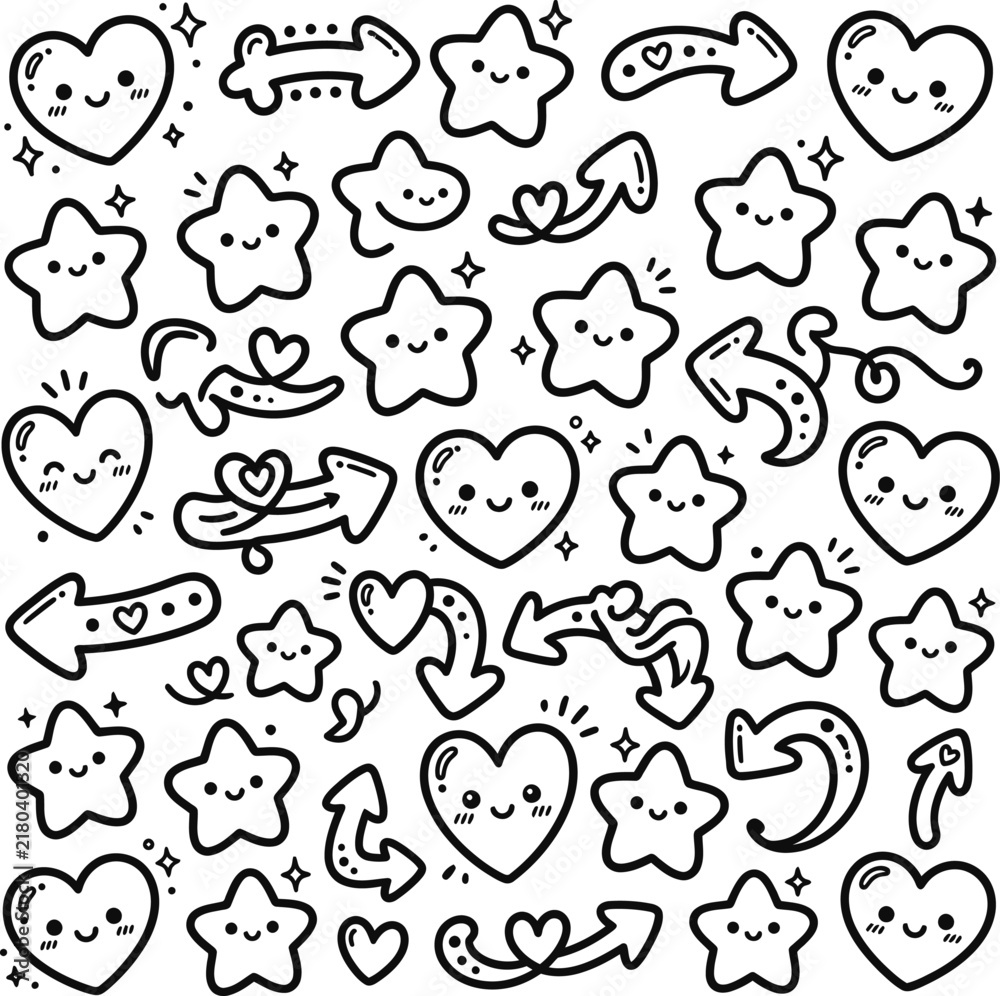 Obraz premium Cute doodle hearts and stars vector illustration with kawaii arrows for romance design and planner stickers decoration