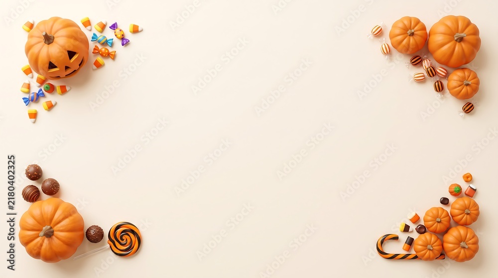 Fototapeta premium Halloween pumpkins and colorful candy frame on light surface