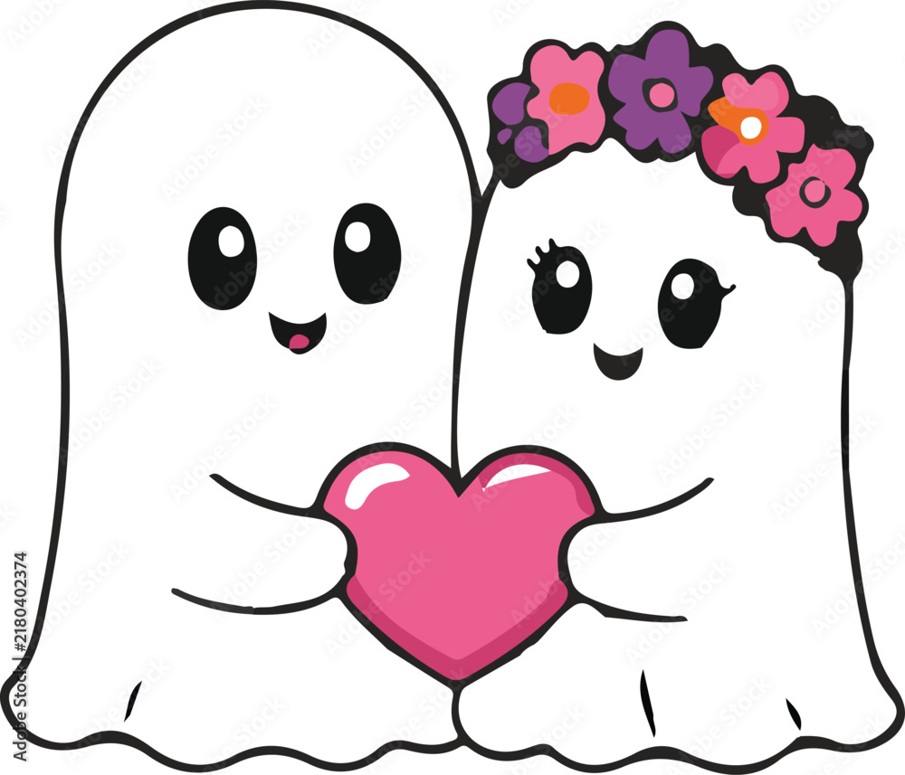 Fototapeta premium Cute Couple Ghosts Holding Heart Illustration