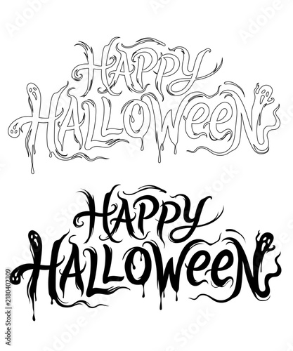 black color creative happy halloween hand drawn text word design made of halloween ghosts. isolated design on transparent background vector illustration.