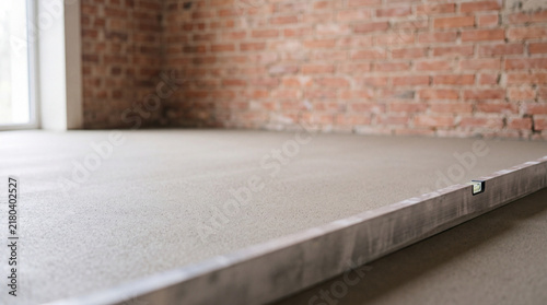Concrete floor leveling and smooth screed in interior renovation with brick wall and spirit level