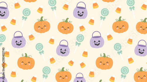 Seamless Cute Pastel Halloween Pattern with Smiling Pumpkins, Purple Treat Bucket, Candy Corn, and Lollipops on Cream Background
