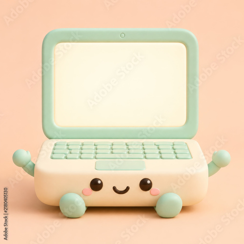 Cute cartoon laptop with smiling face and pastel colors, playful and friendly design on soft peach background