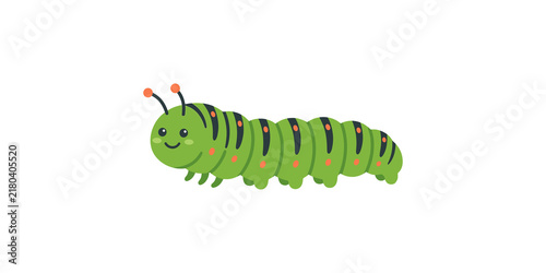 Fotografie Cute green caterpillar with antennas and spotted back crawling forward