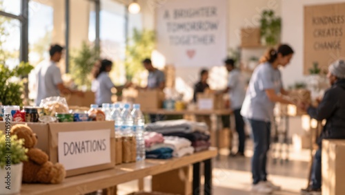Donation box filled with food and supplies sits on a table in a community center. Volunteers work in the blurred background, organizing goods for a local charity outreach program.