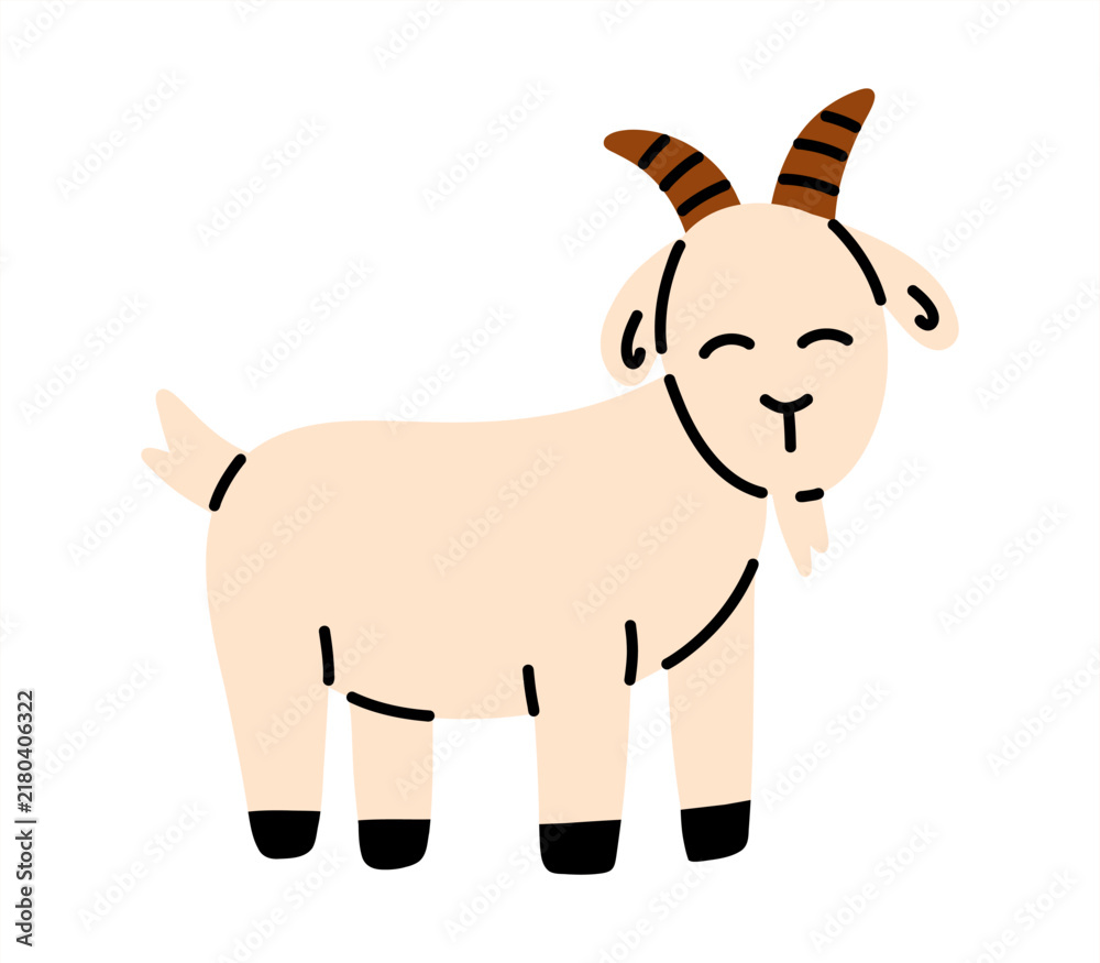Obraz premium Vector cute beige goat character with curved horns. Farm animal illustration in simple flat design, isolated on white background.