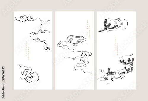 Hand drawn wave and cloud elements. Geometric pattern in vintage style. Japanese background. Asian traditional icon vector.	