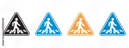 Pedestrian crossing sign set, vector crosswalk zebra pedestrian traffic road signs including no walking and crossing area symbols for safety design