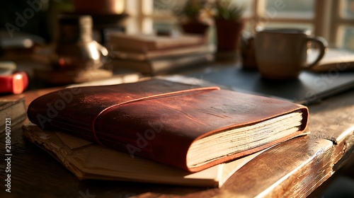 A rustic leather journal resting on a wooden desk with a coffee mug in the background.