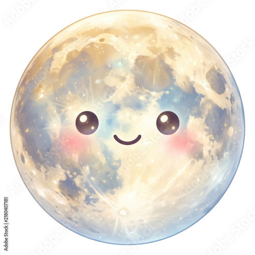 A cute cartoon full moon with a smiling face and glowing starry texture on a white background