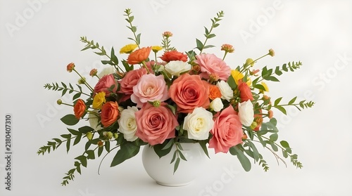 A bouquet of flowers in white setting background. The varied flower shapes, layered petals, and organic greenery create a lush and balanced decorative composition.