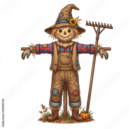 A friendly cartoon scarecrow wearing overalls and a plaid shirt standing with a wooden rake