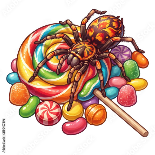 A large hairy tarantula spider sitting on a colorful pile of sweet candies and a swirly lollipop