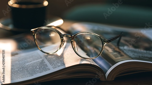 Vintage eyeglasses resting on an open book in soft warm lighting.