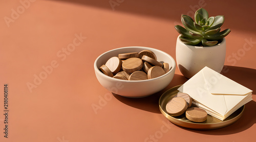 Cozy Corner: A still life arrangement featuring a bowl of round wooden tokens, a small potted succulent plant, and a cream envelope on a brass tray.