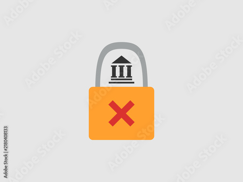An orange padlock with a red cross symbol featuring a bank icon inside the metallic shackle